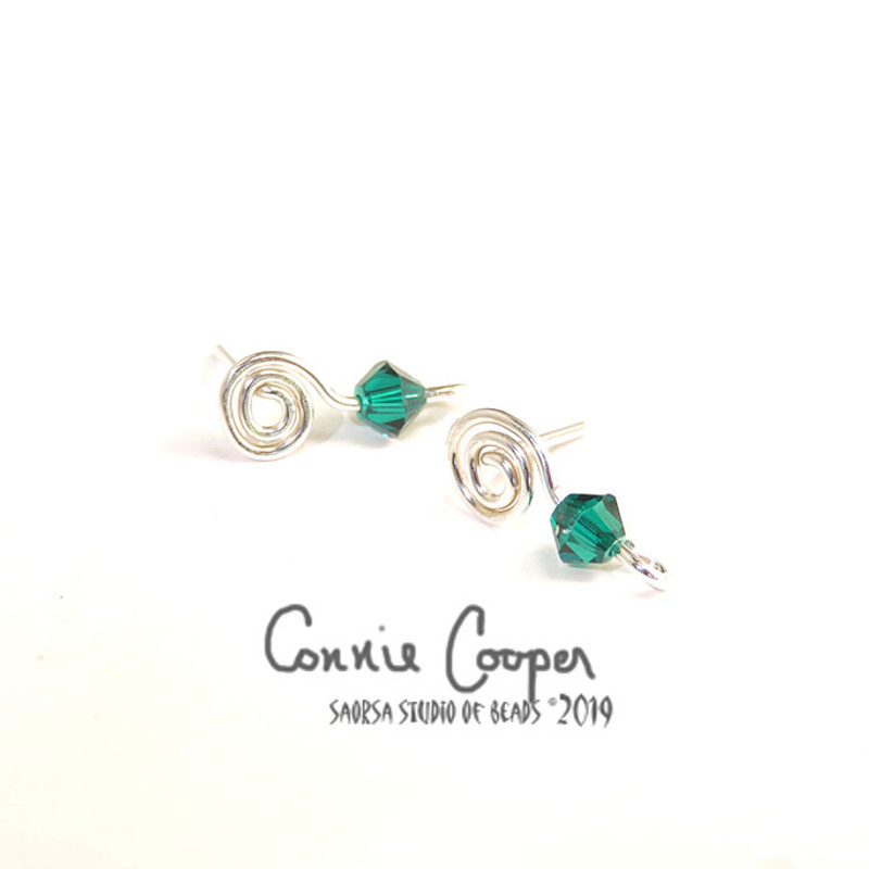 Spiral Earposts with "Emerald" Swarovski Crystal FE19-4113