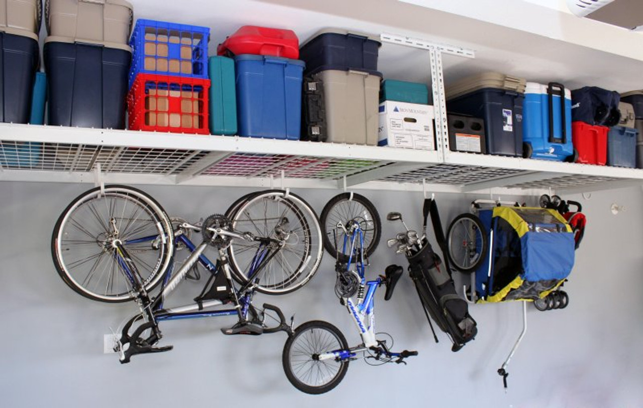 MonsterRax Overhead Storage shown with bike and hook accessories