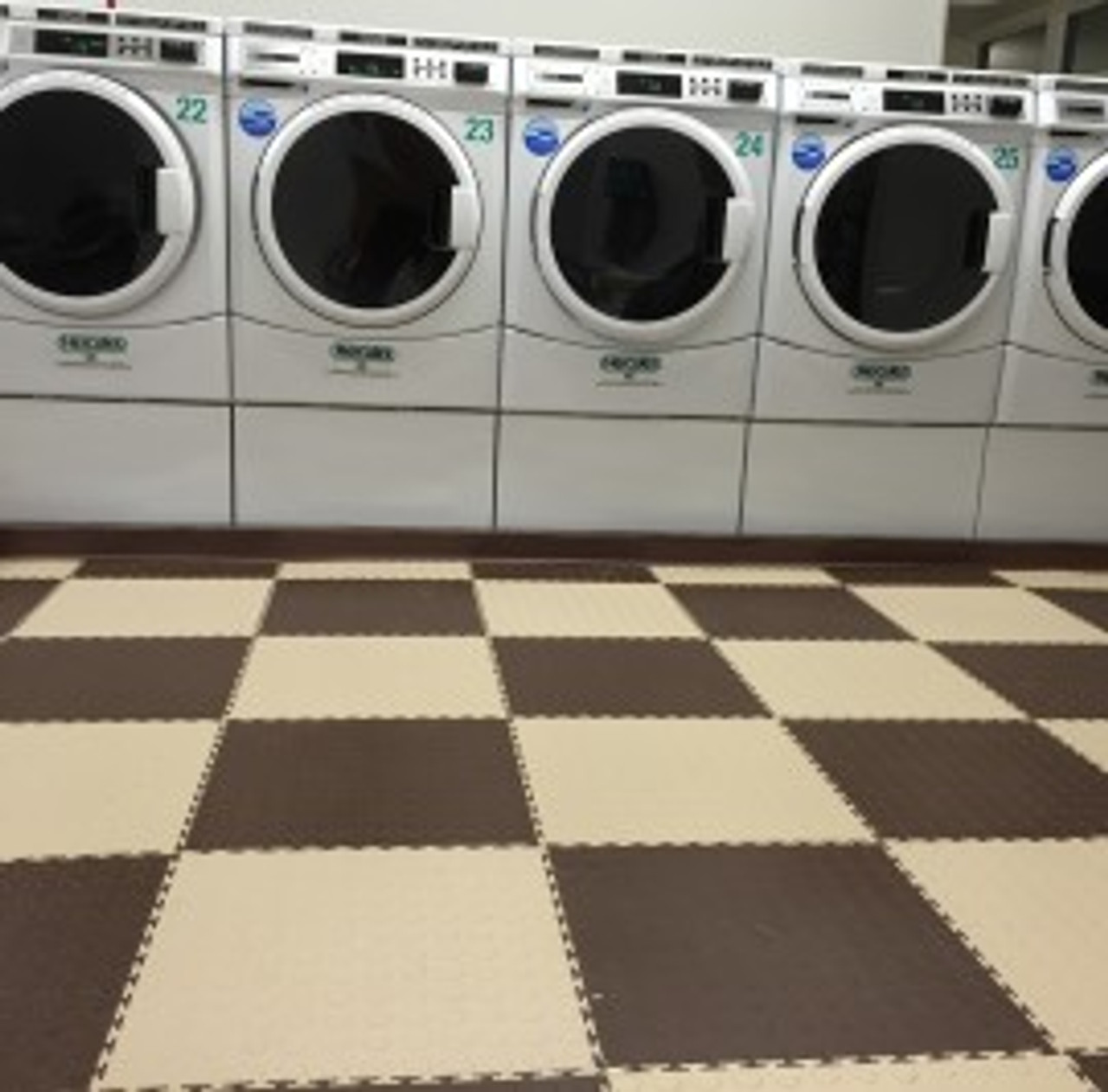 Flexi-Tile by Perfection Floor Coin Pattern Beige used in a laundry mat