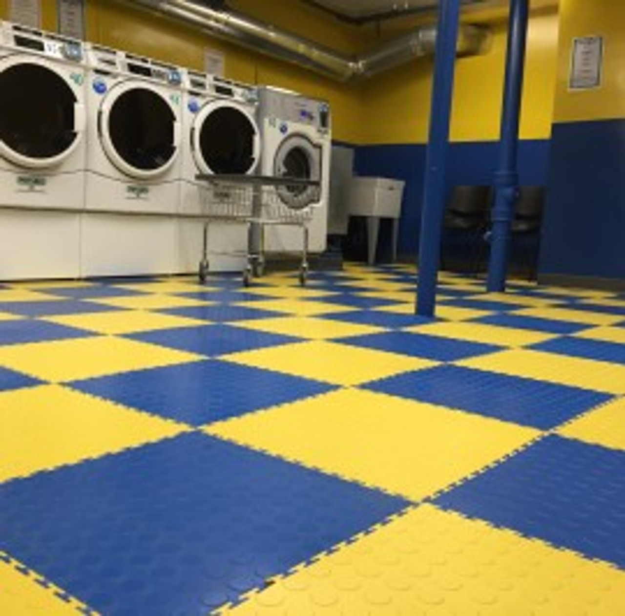 Flexi-Tile Coin by Perfection Floor Blue and Yellow used in a Laundry mat
