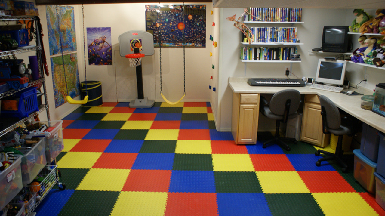 Flexi-Tile Coin by Perfection Floor Green, Terracotta, Blue, and Yellow used in a office