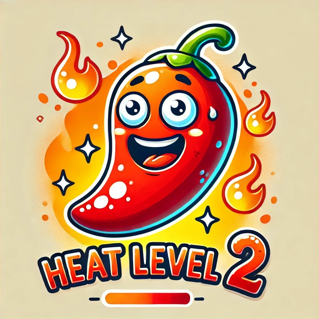 Cartoon-style moderately spicy chili pepper with an excited expression, bold orange tones, and small flames representing mild chili heat.