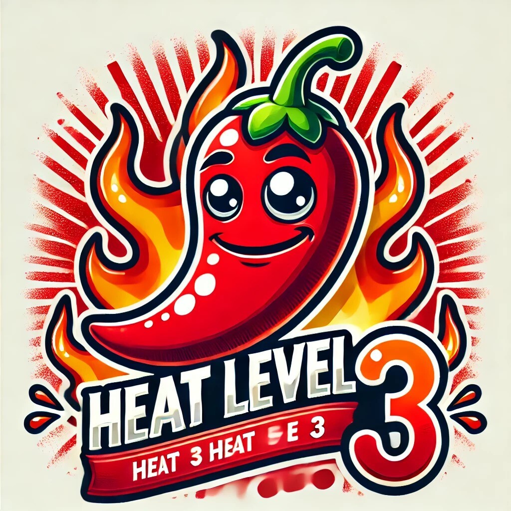 Cartoon-style chili pepper with a bold, fiery expression, vibrant red colours, and noticeable flames representing medium chili heat
