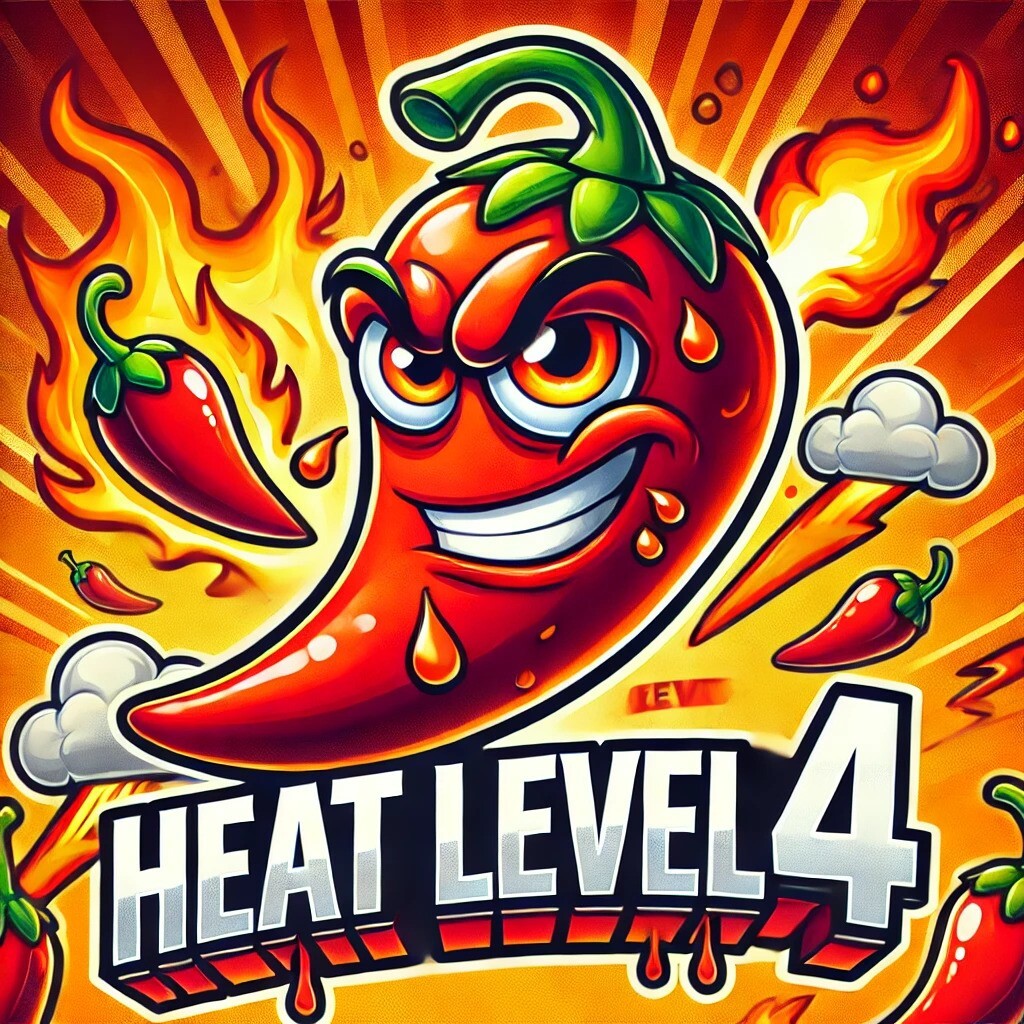 Cartoon-style chili pepper with an intense, fiery expression, deep red tones, and dynamic flames showcasing a high chili heat level.