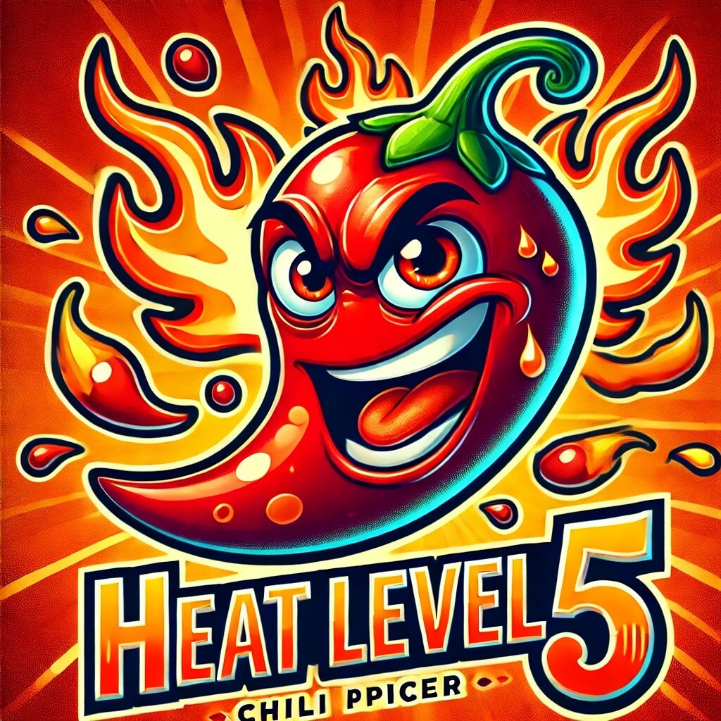 Cartoon-style chili pepper with a dramatic fiery expression, vivid colours, and explosive flames symbolising very high chili heat