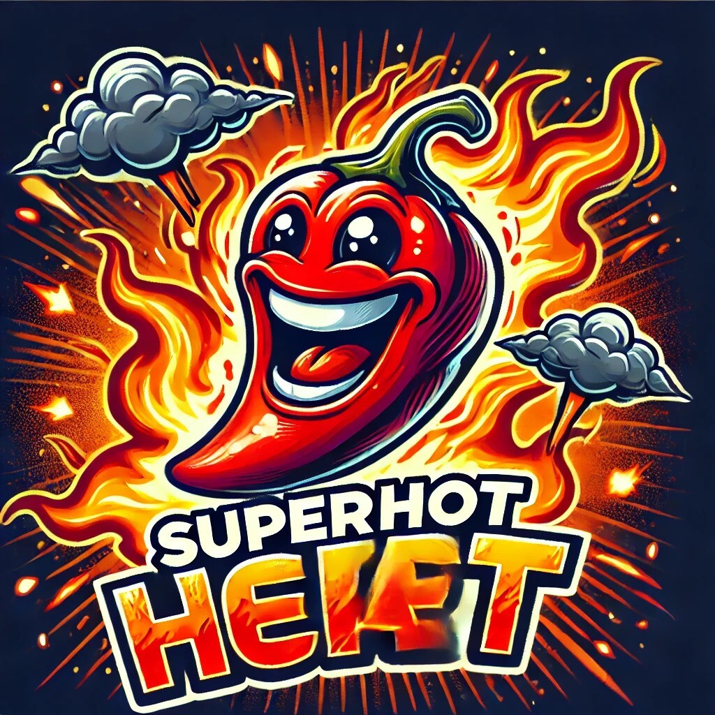 Cartoon-style extremely spicy chili pepper with a fiery expression, crimson colours, and intense flames, smoke, and embers representing the superhot heat level.