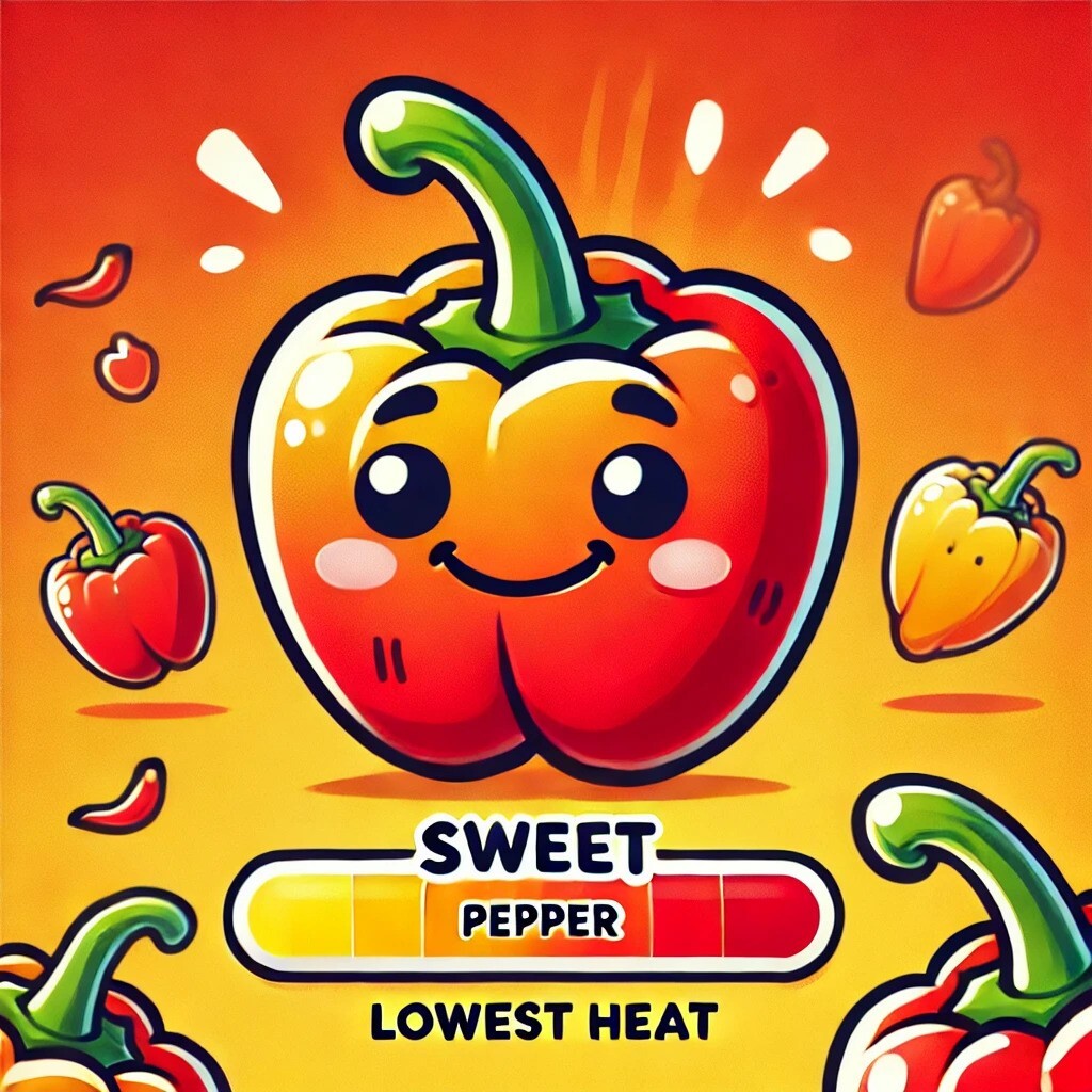 Cartoon-style sweet pepper with a cheerful expression, vibrant colours, and a playful background representing the mildest chili heat level.