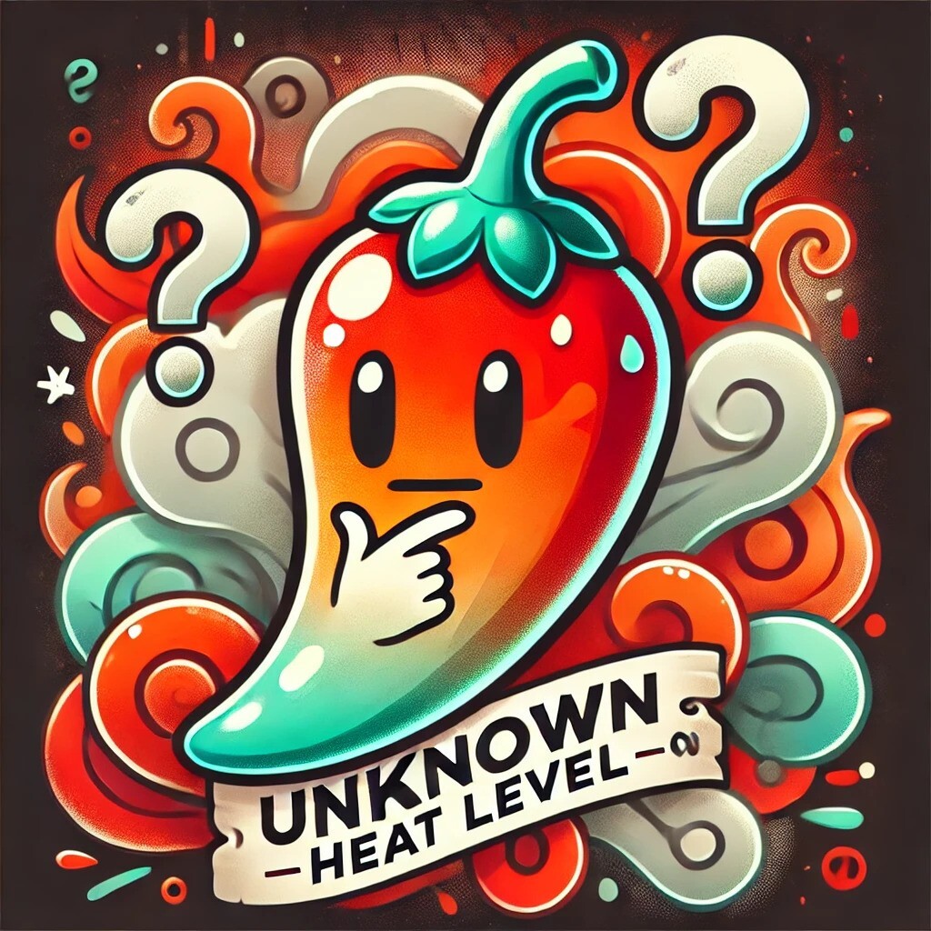 Cartoon-style chili pepper with a puzzled expression, surrounded by question marks and abstract symbols, representing an unknown chili heat level in a playful design