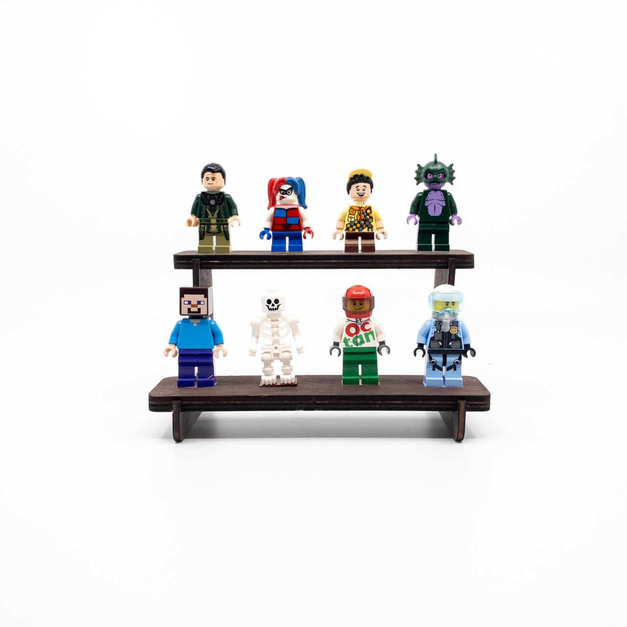 Minifig Stand Dark Oak for 8 Minifigures on 2 tiers