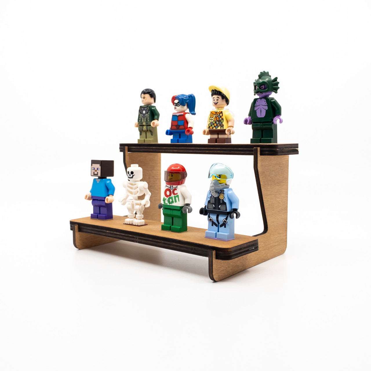 Minifig Stand Teak for 8 Minifigures on 2 tiers