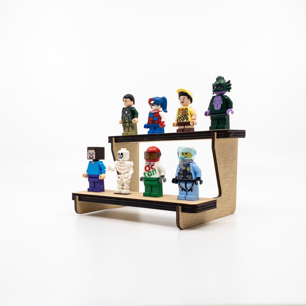 Minifig Stand Antique Pine for 8 Minifigures on 2 tiers