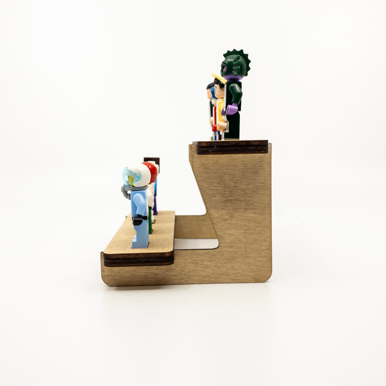 Minifig Stand Antique Pine for 8 Minifigures on 2 tiers