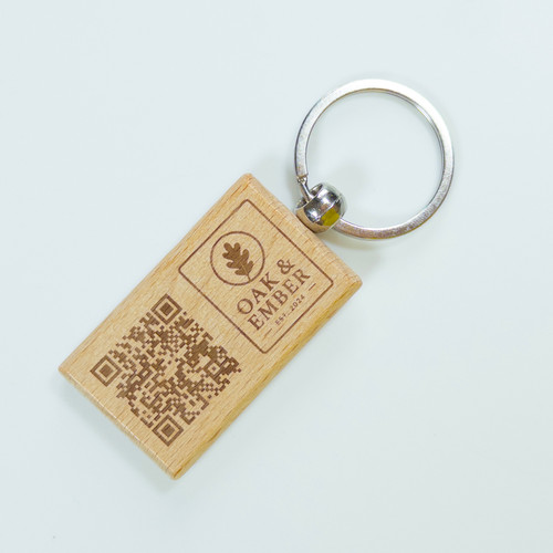 Beechwood Keychain Engraved for Business with options for logo, QR code and slogan