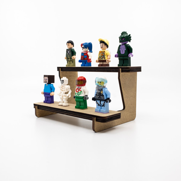 Minifig Stand Natural Oak 2 tiers for 8 Minifigures