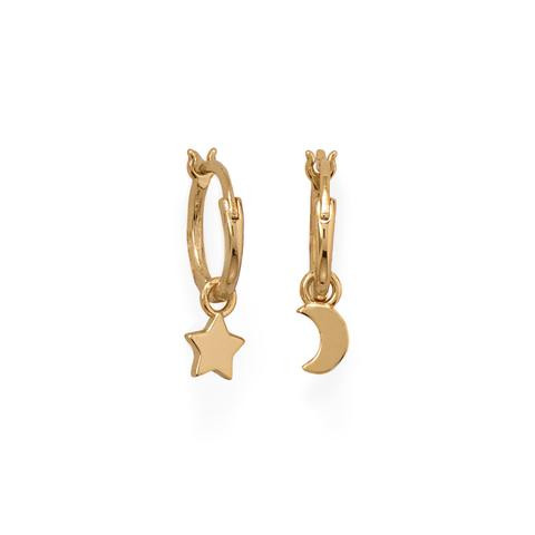 14 Karat Gold Vermeil Moon and Star Charm Hoop Earrings