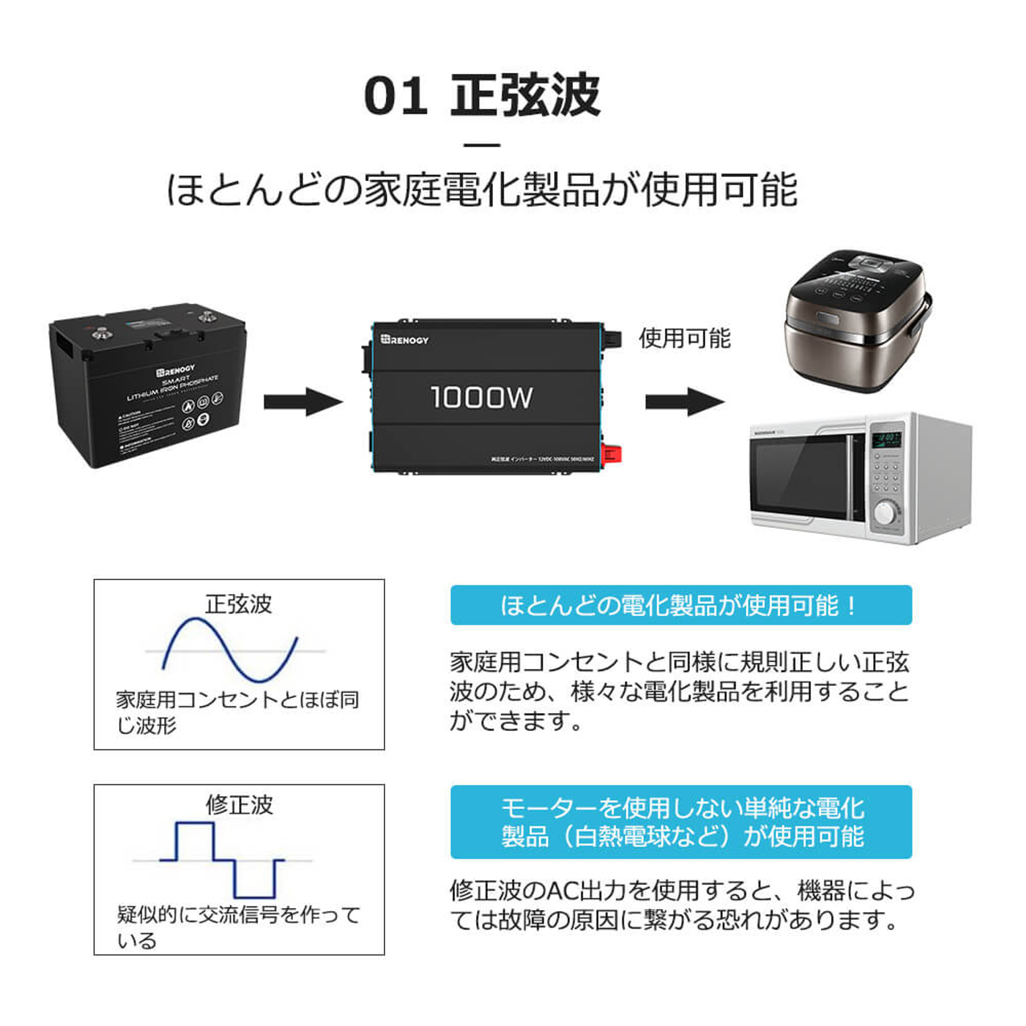 50/60HZ切替可能 正弦波インバーター1000W 12V | RENOGY JAPAN