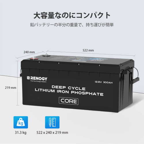 RENOGY 12V 300Ah リン酸鉄リチウムバッテリー 自己加熱機能付き LiFePO4 バッテリー 寒冷地 RV 船キャンプオフグリッド用トリプル BMS 保護