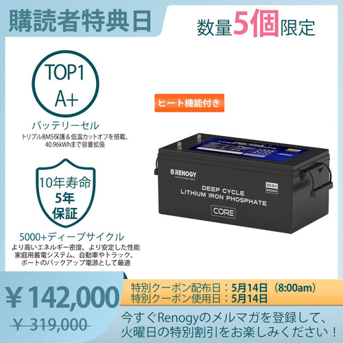 【購読者特典】ヒート機能付き Core LTシリーズ 25.6V 200Ahリン酸鉄リチウムイオンバッテリー