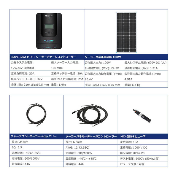 100Wソーラーパネル+20A MPPTチャージコントローラー セット | RENOGY