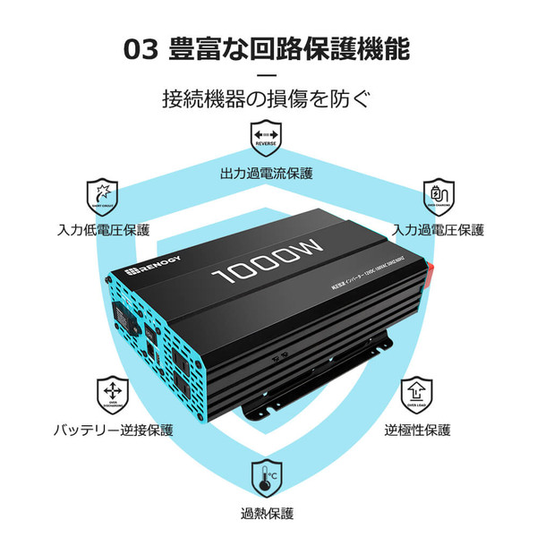 50/60HZ切替可能 正弦波インバーター1000W 12V | RENOGY JAPAN