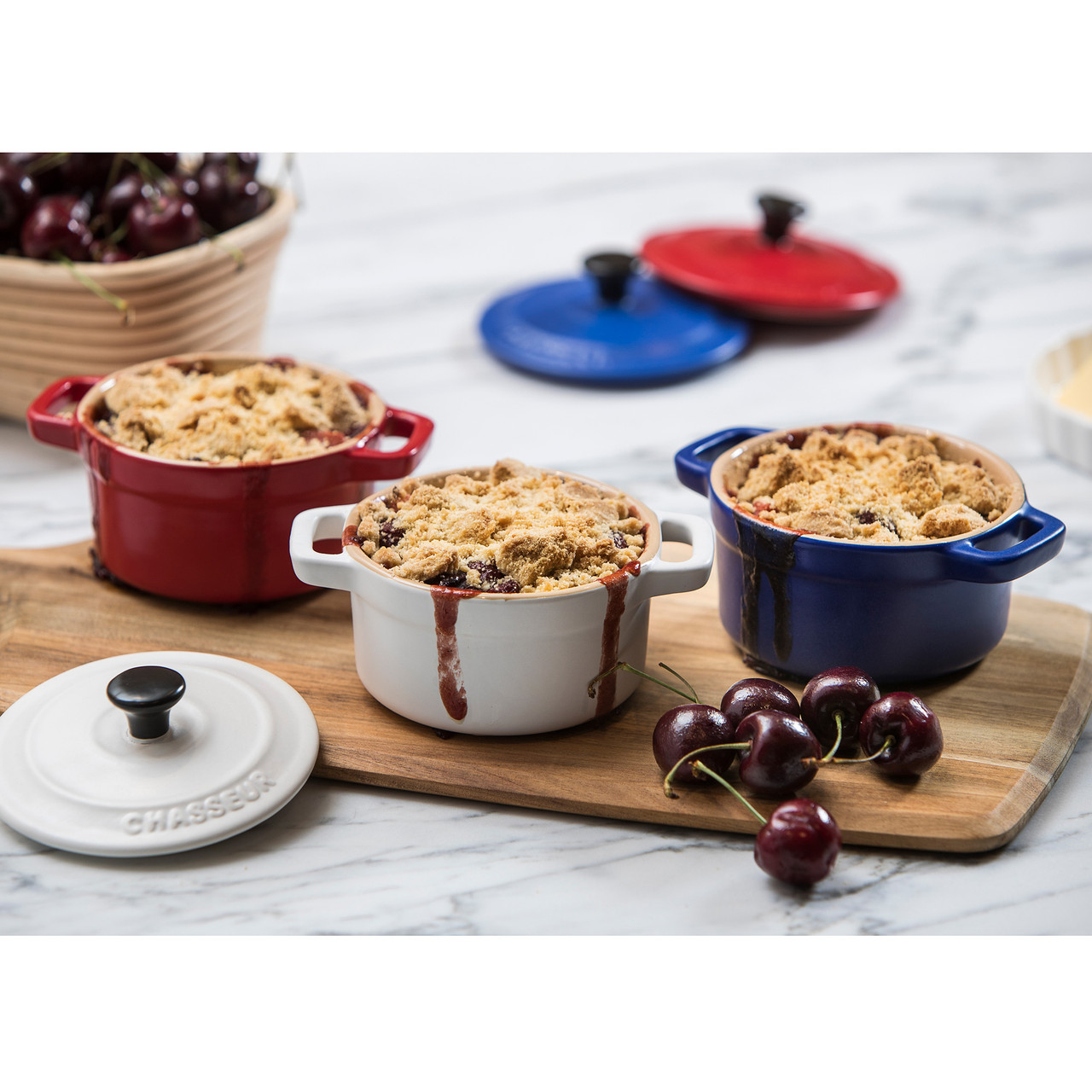 3 Piece Mini Cocotte Set Matte Finish Blue White Red