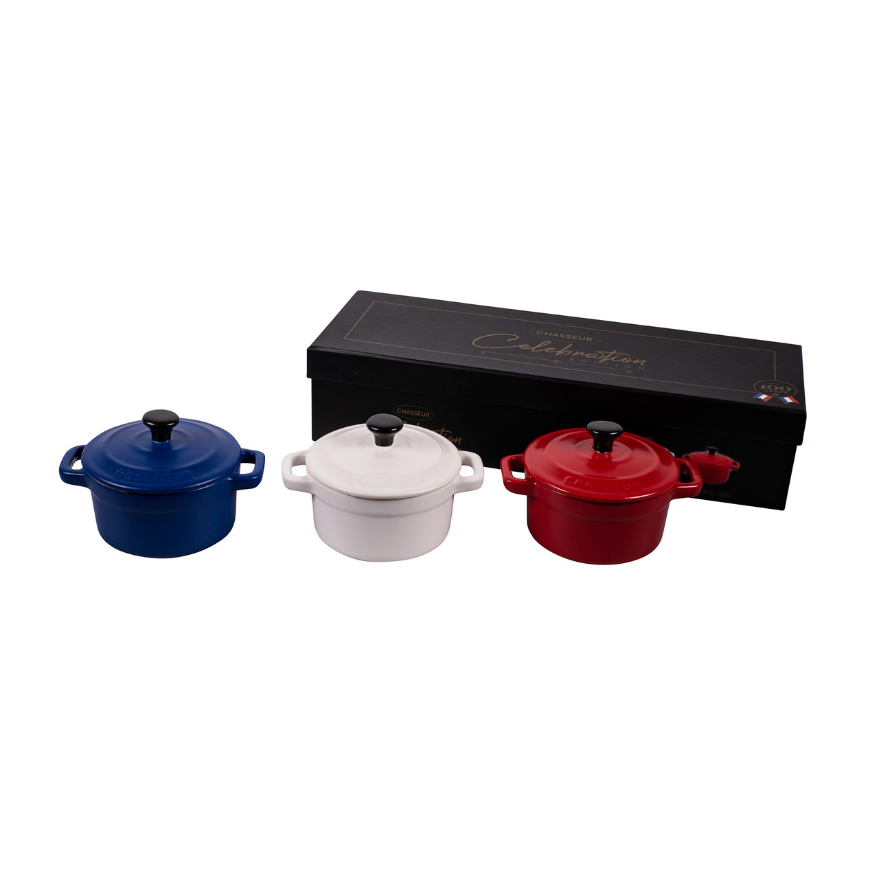 3 Piece Mini Cocotte Set Matte Finish Blue White Red