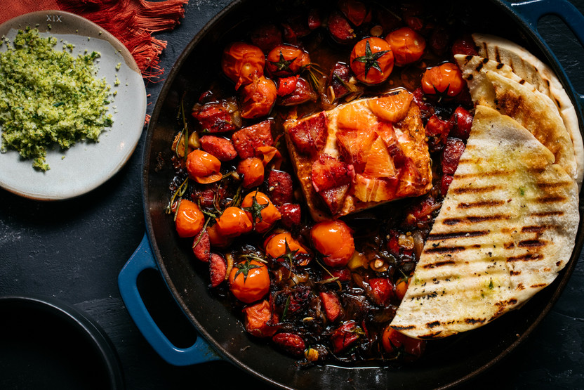 Baked Haloumi with Tomato and Chorizo
