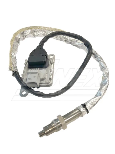 Dinex 2nd Generation smart Inlet NOx sensor assembly with stainless steel probe, protective braided cable sleeve, and 4-pin electronic control module. Direct replacement for Cummins 5295473, 4326873, and Navistar 7099783C1.