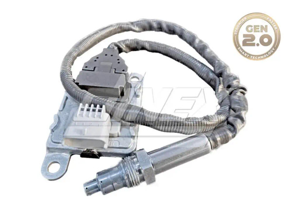 Dinex 2nd Generation smart NOx sensor assembly showing the stainless steel probe, braided cable sleeve, and integrated electronic control module. Replacement for Paccar 1954664 and Cummins 4326872.
