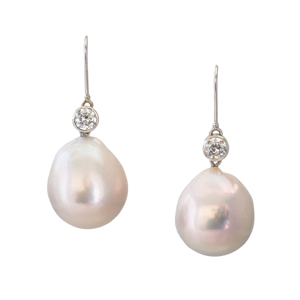 Pale Pink Drop Pearl Earrings with Diamonds in 18 Kt White Gold