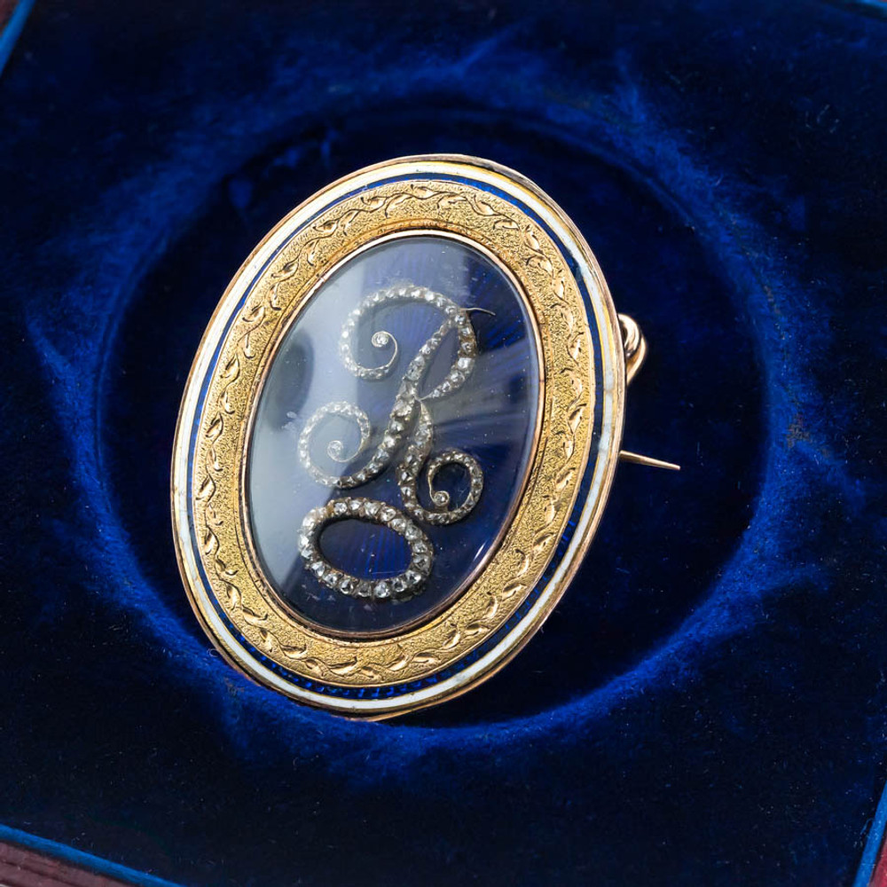 Antique Large Enamel & Diamond Initial R  Brooch, Love Token