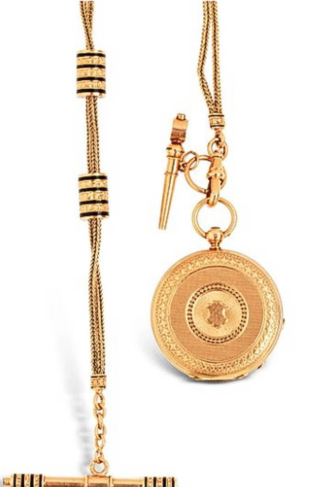 Antique: 18 Kt Gold Watch Chain  Necklace with Pocket Watch Pendant, French, In Original Box