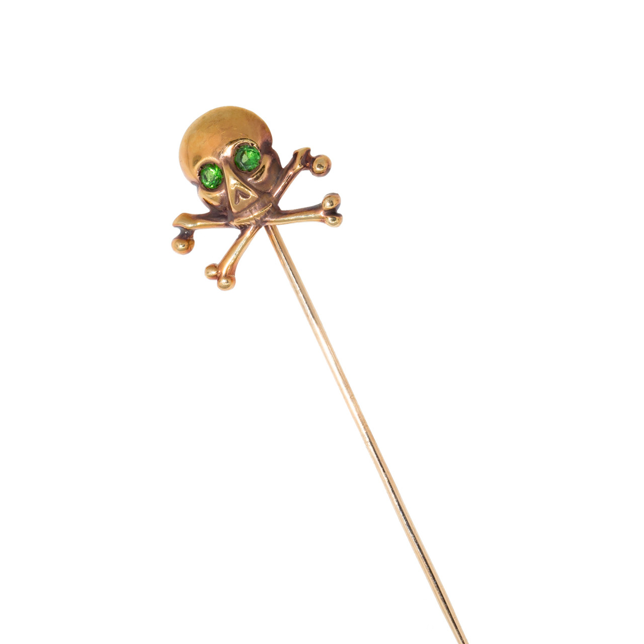 Antique: Rose Gold Skull and Crossbones Stick Pin with Glowing Demantoid Garnet Eyes