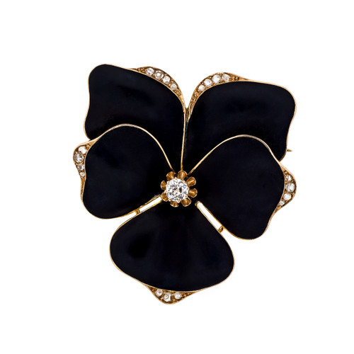 Antique Enamel Pansy Brooch in Black