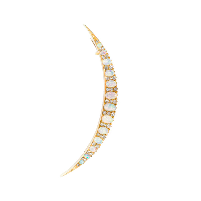 Antique Opal and Diamond Crescent Brooch, Edwardian Period