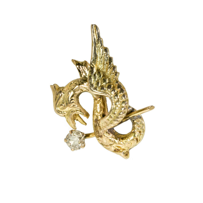 Antique Conversion: Victorian Gold Mythical Beast With Old Mine Cut Diamond Earring, Single Stud