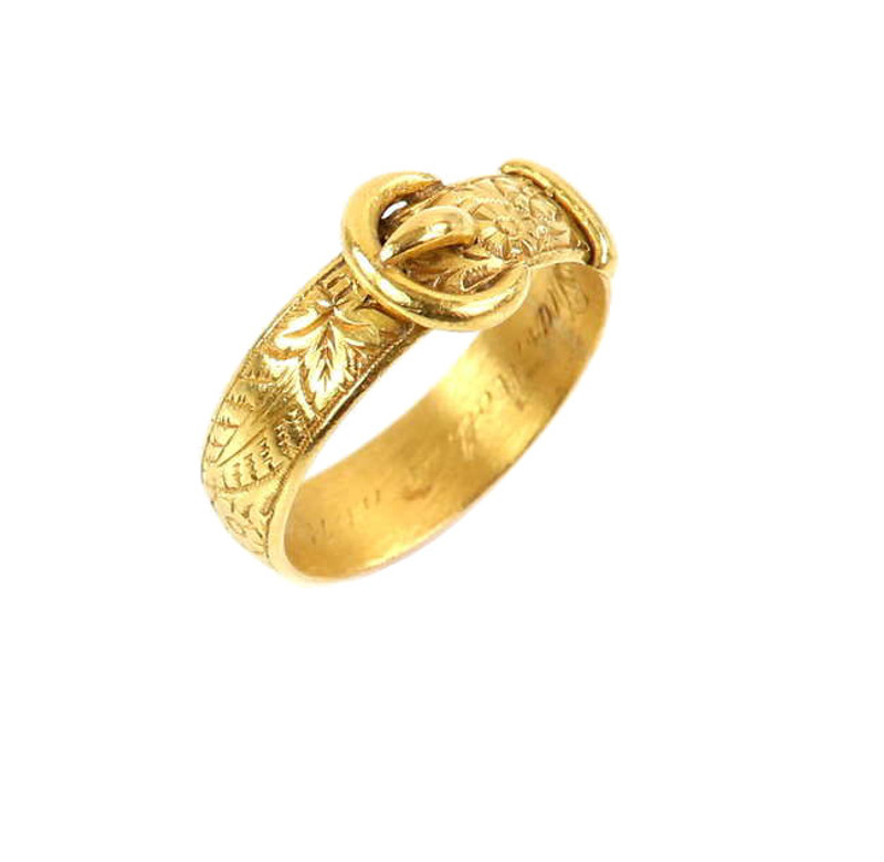 Antique: Victorian 22 ct Gold Buckle Ring, 1874, Engraved with Floral Pattern