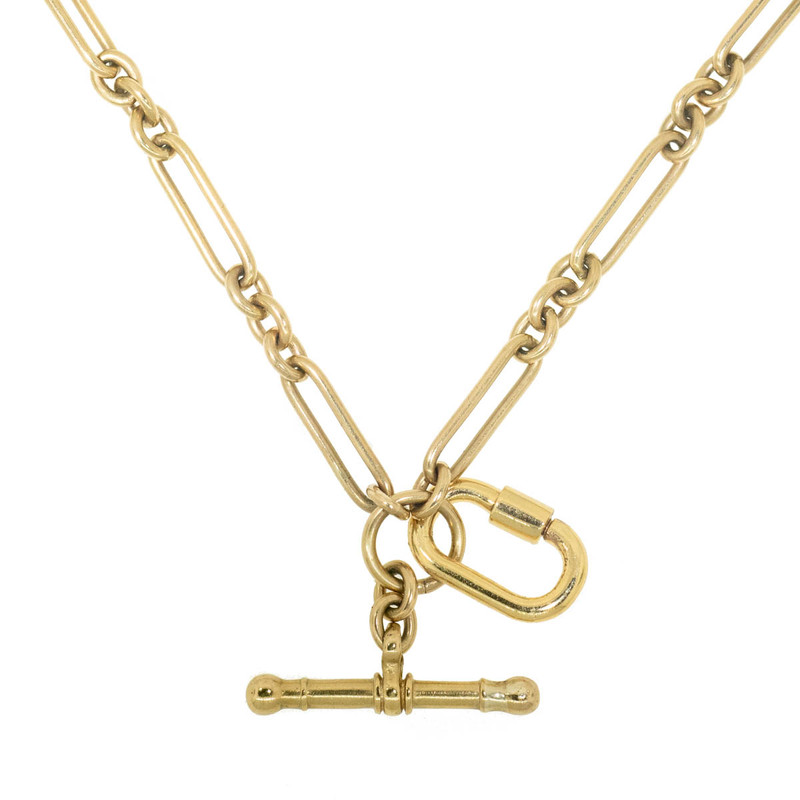 14K Yellow Gold Lock & Key Charm Necklace with Bar and Toggle Closure