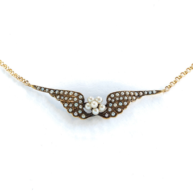 Gold Wing Necklace with Pearls in 14k