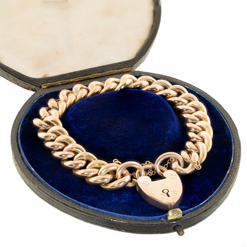 Vintage Heart Lock & Key Bangle Bracelet 14K Yellow Gold