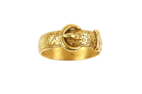 Antique: Victorian 22 ct Gold Buckle Ring, 1874, Engraved with Floral Pattern