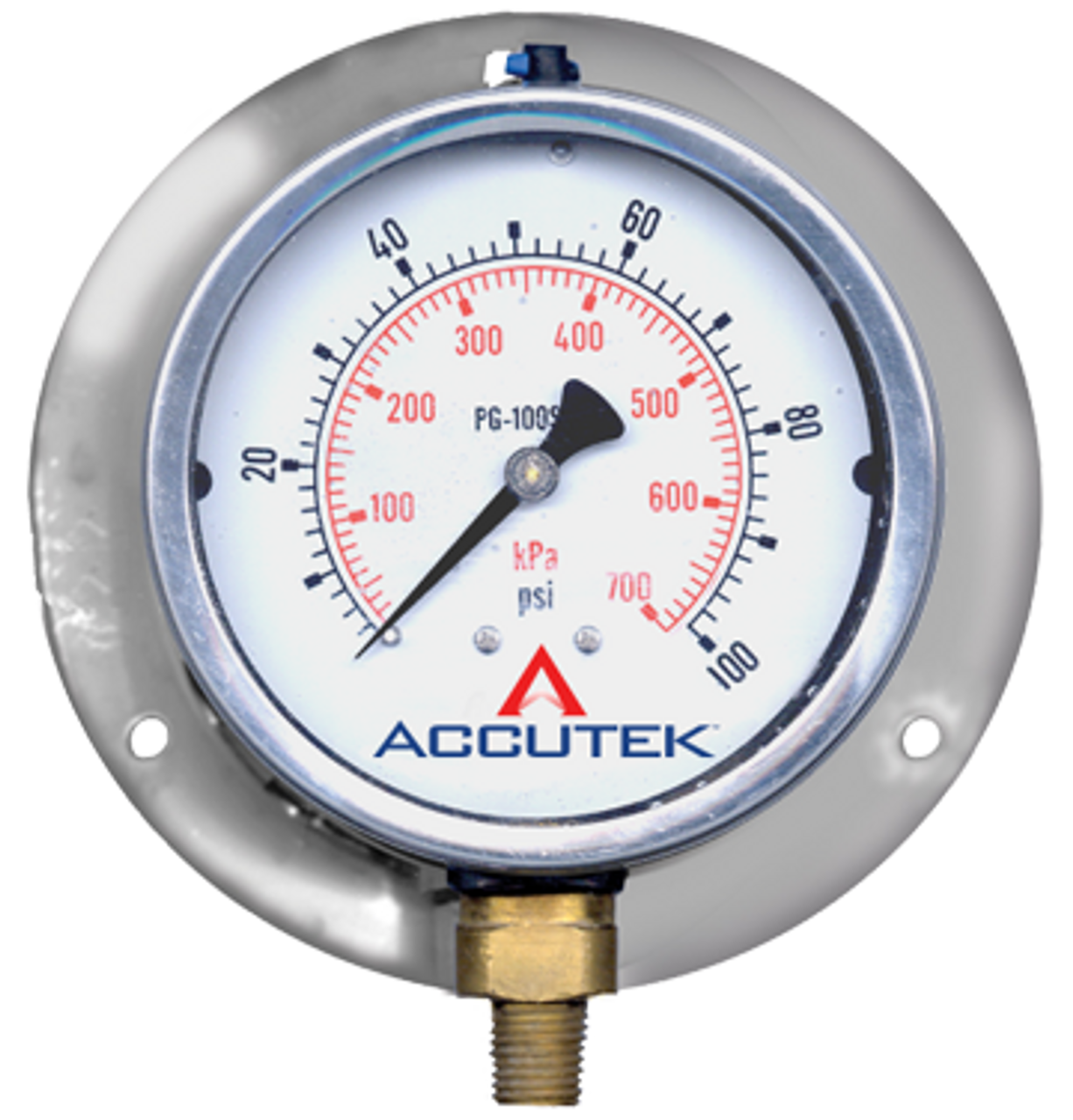 0-100 PSI  - 4" Liquid Filled - Stainless Case - Brass Stem Mount - Low Temp - Pressure Gauge w/Flange  PG-100SGRFLT