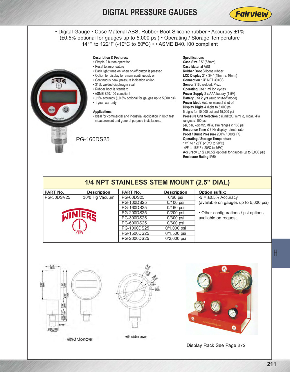 0-160 PSI  - 2-1/2" Digital LCD - Rubberized ABS Case - Stainless Stem Mount - Pressure Gauge  PG-160DS25