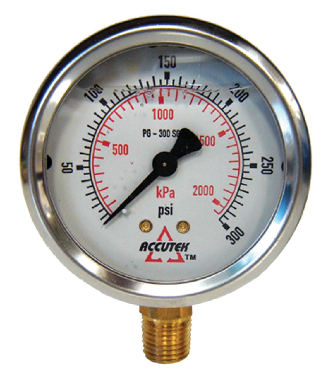 0-300 PSI  - 2-1/2" Liquid Filled - Stainless Case - Brass Stem Mount - Pressure Gauge  PG-300SG25