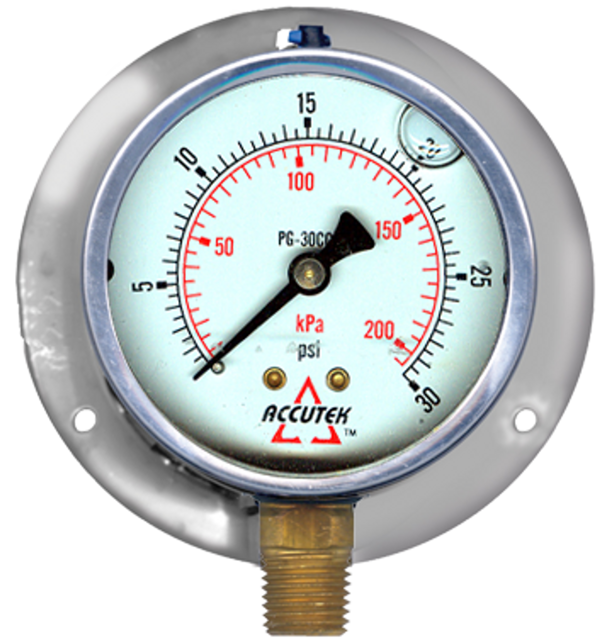 0-30 PSI  - 4" Liquid Filled - Stainless Case - Brass Stem Mount - Pressure Gauge w/Flange  PG-30SGRF