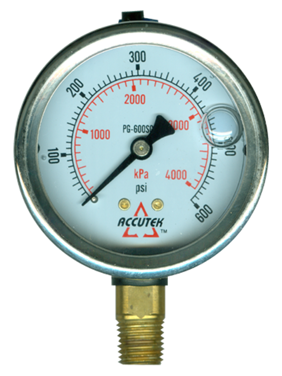 0-600 PSI  - 2-1/2" Liquid Filled - Stainless Case - Brass Stem Mount - Pressure Gauge  PG-600SG25