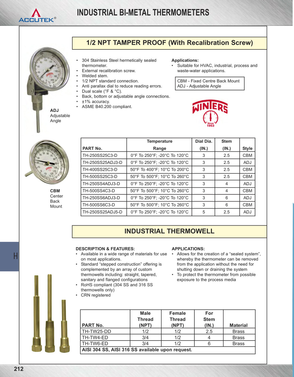 -20°C ~ 120°C w/5" Face - Stainless Case - 2-1/2" Stem - Adjustable Mount - Thermometer  TH-250SS25ADJ5-D
