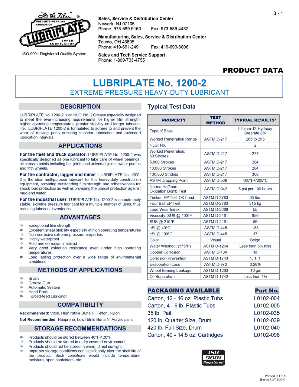 No. 1200-2 Heavy Duty Lithium Grease 14.5oz Cartridge   L0102-098
