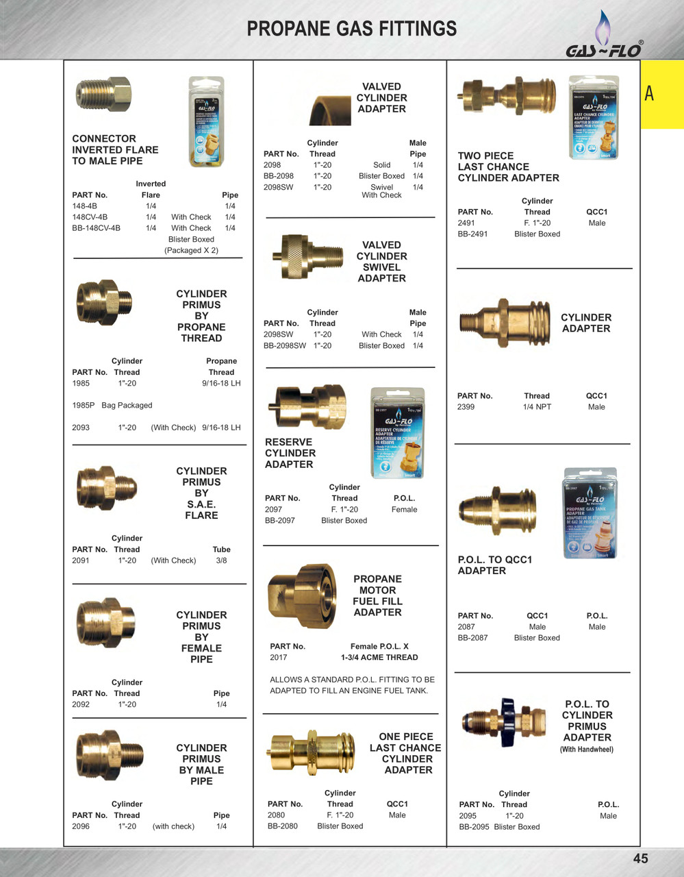 1"-20 x 1/4" Brass Male Primus - Male NPT Propane Adapter w/Check Valve  2096