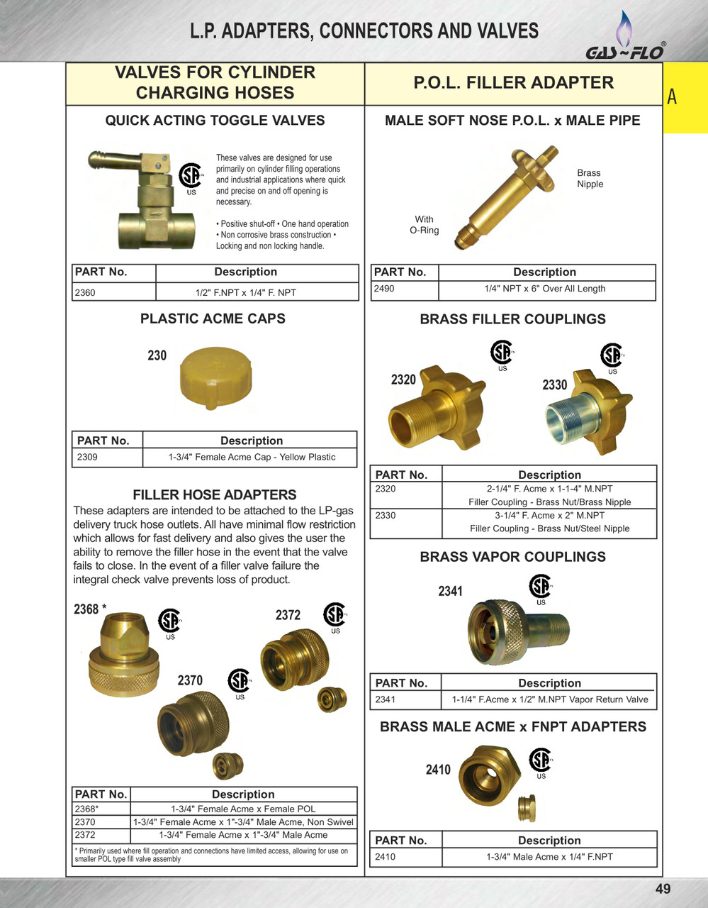 1-3/4" x 1-3/4" Solid Brass Female ACME - Male ACME Propane Filler Hose Adapter  2370